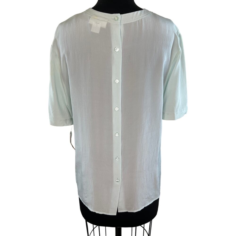 VINTAGE Evan Picone Blue Short Sleeve Luxe Soft Button Back Silk Blouse 12 NWT